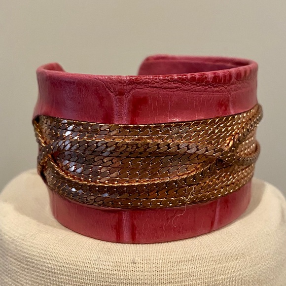 Pink Croco Leather Cuff Bracelet - Picture 2 of 6